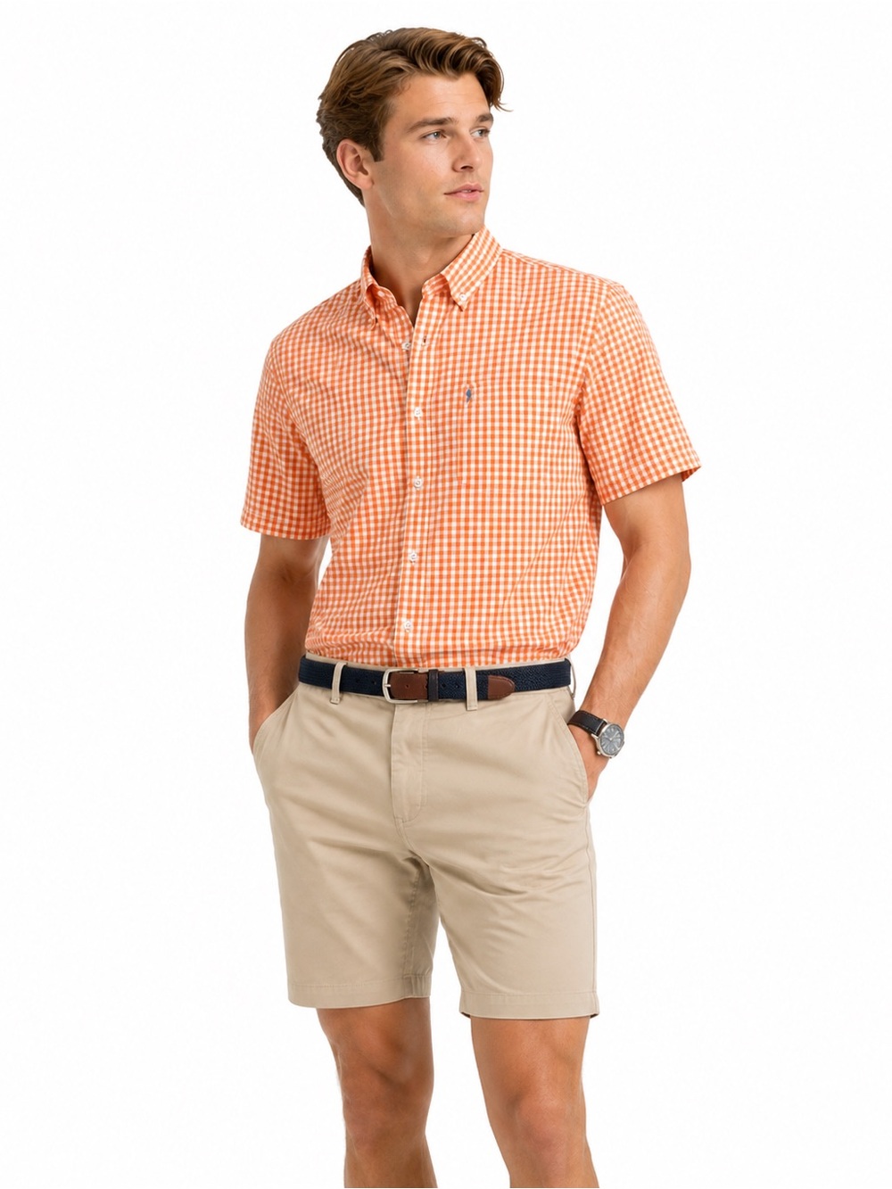 IZOD Breeze Men’s Large Orange Gingham Short Sleeve Button Down Shirt